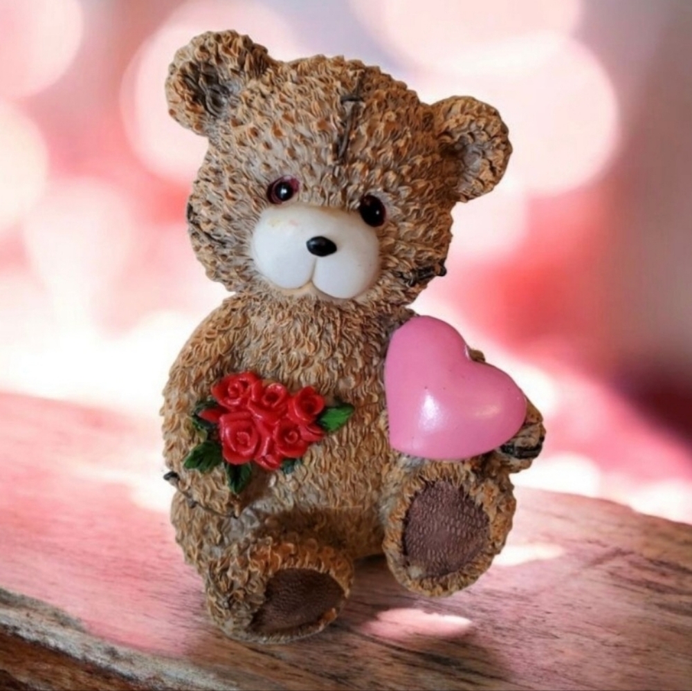 Brown Bear Figurine w/ Pink Heart & Red Roses